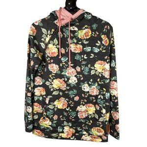 Ampersand Ave Floral Hoodie Womens XL Charcoal Grey Pink Rose Stripe Zip Accent